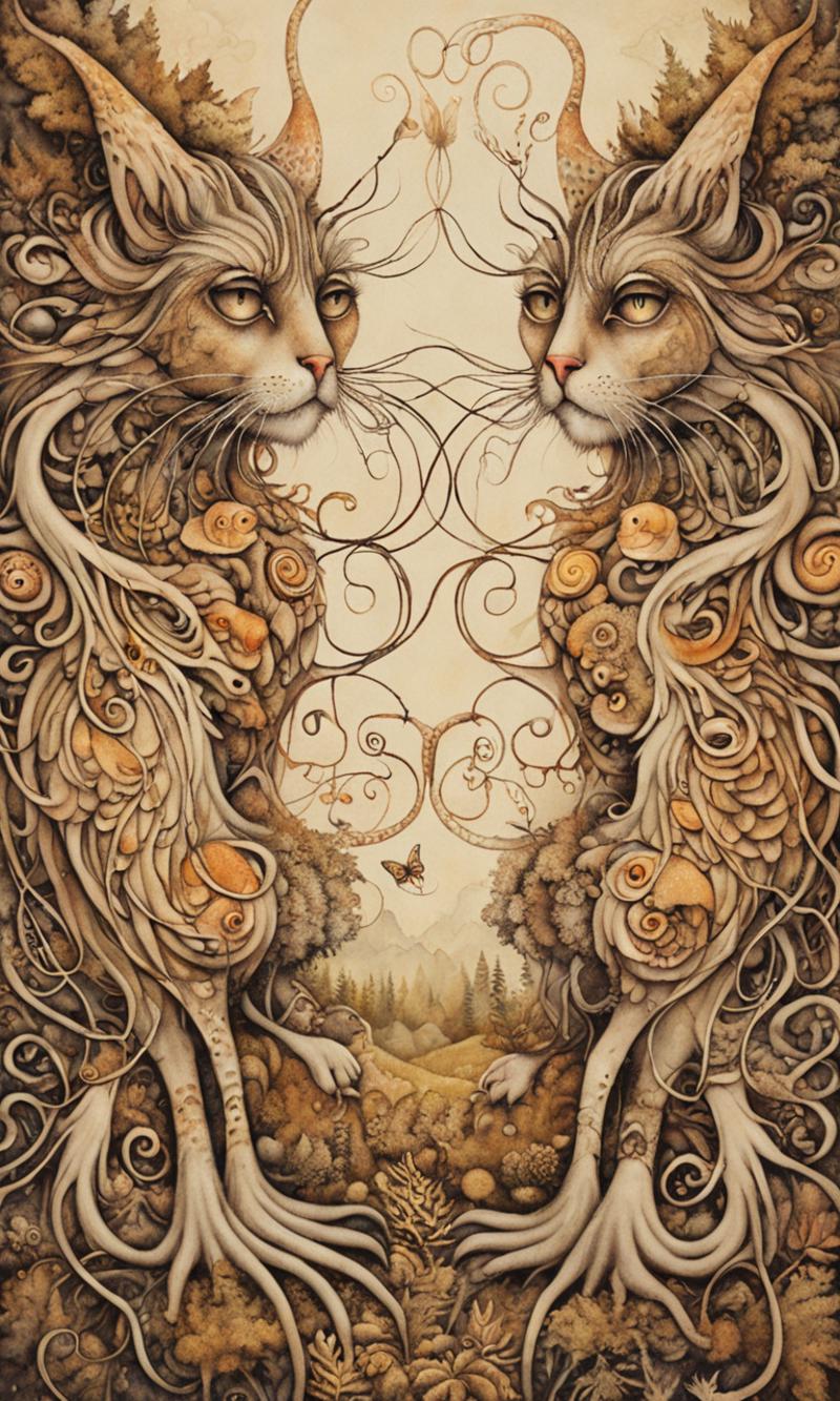 43186767-3474619144-serco style, fantasy illustration, twin creatures, flora and fauna symbiosis, entwined feline forms, mesmerizing gaze, surreal e.png